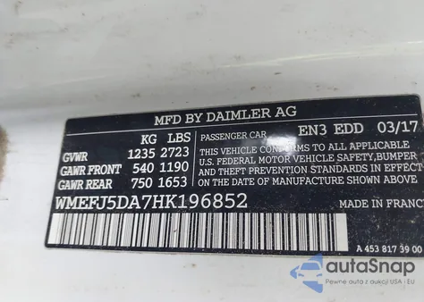 2017 Smart Fortwo Passion/Prime/Proxy/Pure z USA, uszkodzony, nr VIN WMEFJ5DA7HK196852